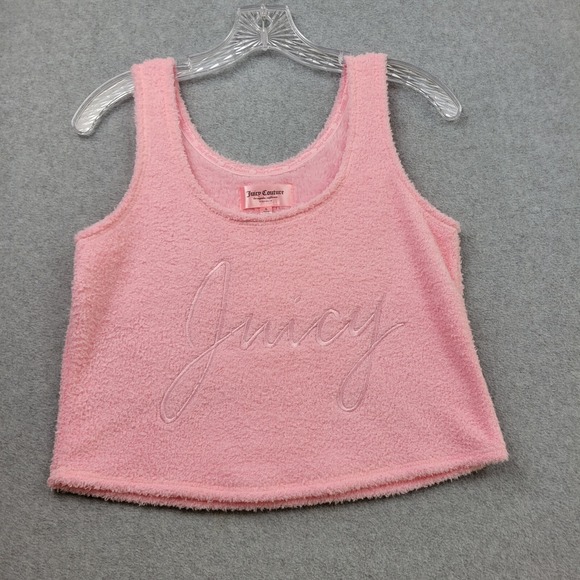 Juicy Couture Tank Top Womens Small Pink Embroidered Sleep Top Fleece Crop Y2K - Picture 4 of 10